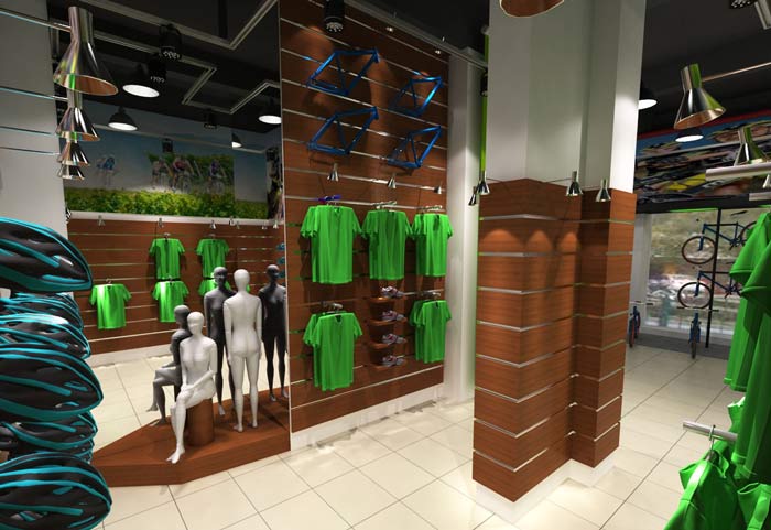 潮流、時尚自行車店自行車衣物區(qū)域裝修設(shè)計案例效果圖