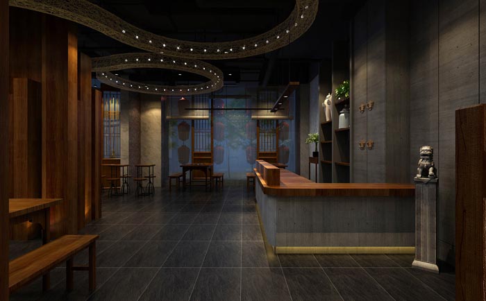 返璞歸真、回歸自然的健康飲食餐廳前臺大廳設(shè)計(jì)案例效果圖