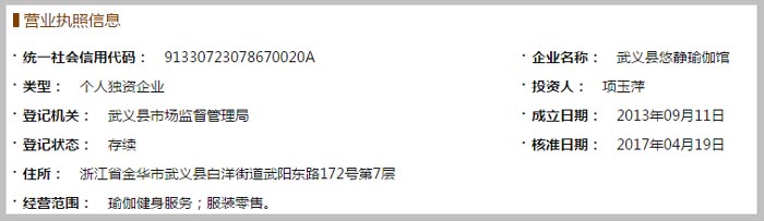 武義縣悠靜瑜伽館營(yíng)業(yè)執(zhí)照示意圖