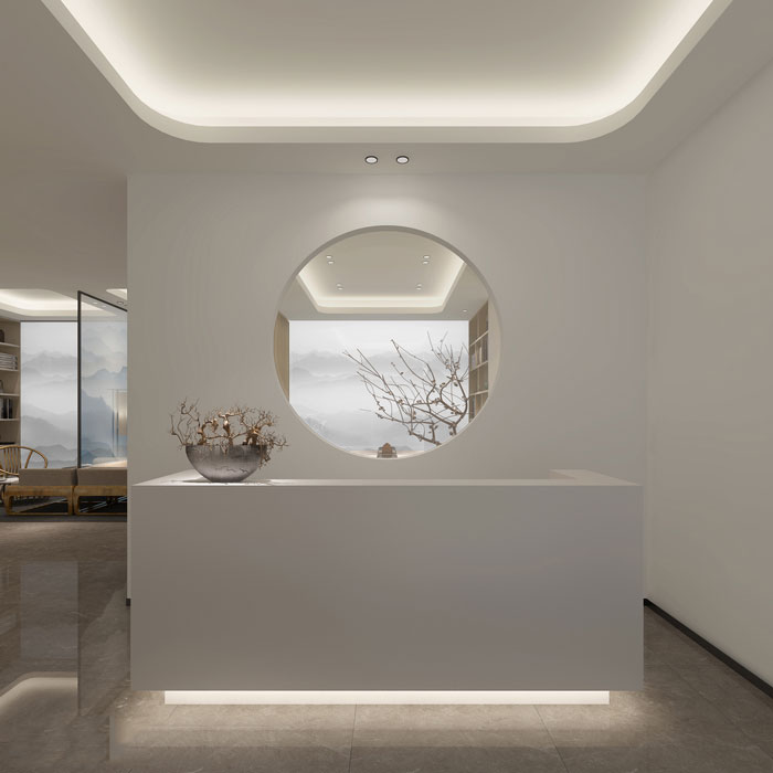 現(xiàn)代中式辦公室前臺裝修設計效果圖