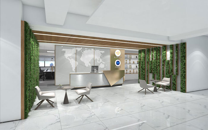 新中式辦公樓前臺裝修設(shè)計(jì)效果圖